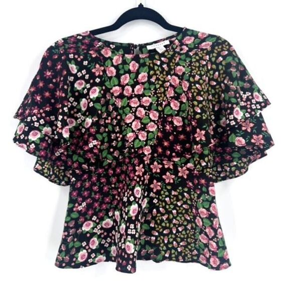 Topshop Women's Capelet Short Sleeve Floral Print Ruffle Top Blouse Black Size 4 - Picture 2 of 13